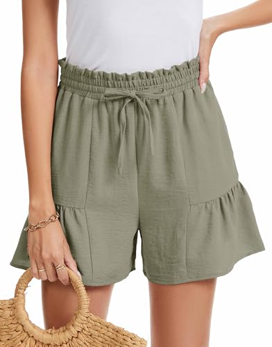 WUWUSKY Leicht Kurze Hose Damen Sommer High Waist Musselin Bermuda Shorts Mit Taschen,Helle Armee Grün,S von WUWUSKY