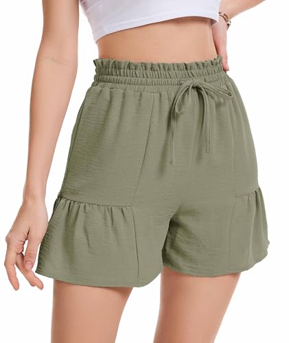 WUWUSKY Leicht Kurze Hose Damen Sommer High Waist Musselin Bermuda Shorts Mit Taschen,Helle Armee Grün,XL von WUWUSKY