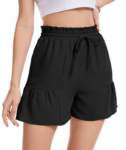 WUWUSKY Leicht Kurze Hose Damen Sommer High Waist Musselin Bermuda Shorts Mit Taschen,Schwarz,XXL von WUWUSKY