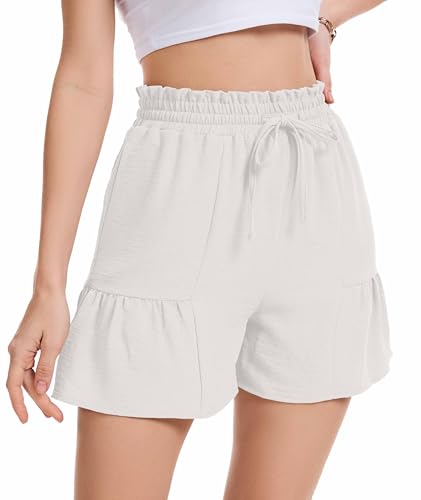 WUWUSKY Leicht Kurze Hose Damen Sommer High Waist Musselin Bermuda Shorts Mit Taschen,Weiß,XL von WUWUSKY