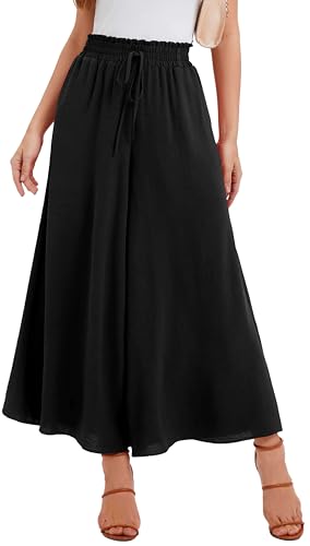 WUWUSKY Kurzarm Sommerhose Damen Leicht Lässige Palazzo Hose Elegant High Waist Baggy Freizeithose mit 2 Taschen,Schwarz,S von WUWUSKY