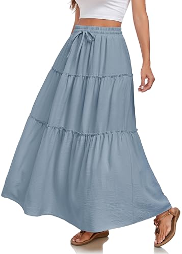 WUWUSKY Rock Damen Lang Hohe Taille Röcke Elegant Sommerrock A-Linie Rock Einfarbig Freizeitrock mit 2 Taschen,Blau Grau,XXL von WUWUSKY