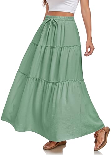WUWUSKY Rock Damen Lang Hohe Taille Röcke Elegant Sommerrock A-Linie Rock Einfarbig Freizeitrock mit 2 Taschen,Hellgrün,S von WUWUSKY