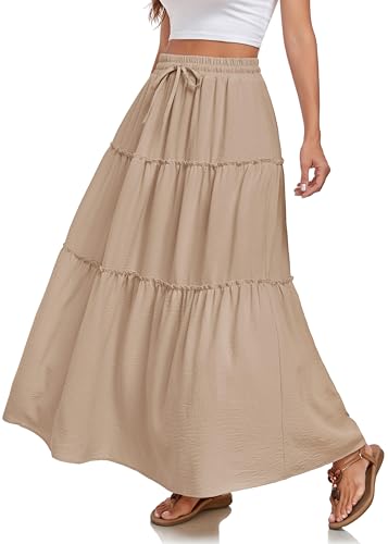 WUWUSKY Rock Damen Lang Hohe Taille Röcke Elegant Sommerrock A-Linie Rock Einfarbig Freizeitrock mit 2 Taschen,Khaki,XXL von WUWUSKY