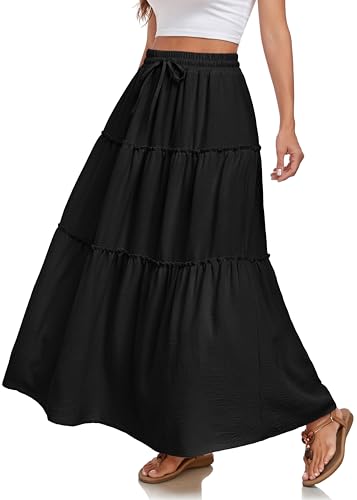 WUWUSKY Rock Damen Lang Hohe Taille Röcke Elegant Sommerrock A-Linie Rock Einfarbig Freizeitrock mit 2 Taschen,Schwarz,L von WUWUSKY