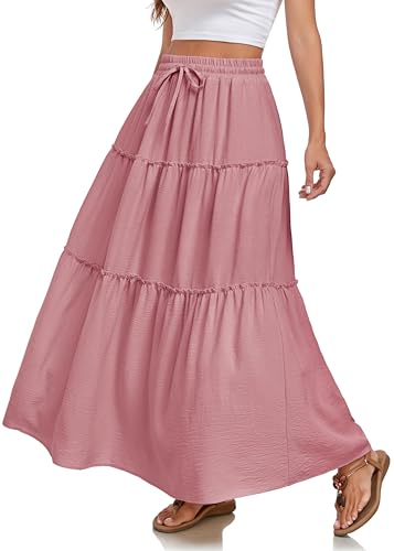 WUWUSKY Rock Damen Lang Hohe Taille Röcke Elegant Sommerrock A-Linie Rock Einfarbig Freizeitrock mit 2 Taschen,Ziegel Rot,M von WUWUSKY