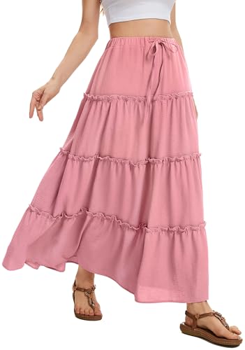 WUWUSKY Rock Damen Sommer Maxi Rock Elegant Lang Hohe Taille Sommerrock Casual A-Line Freizeitrock mit 2 Taschen,Brick Red,XXL von WUWUSKY
