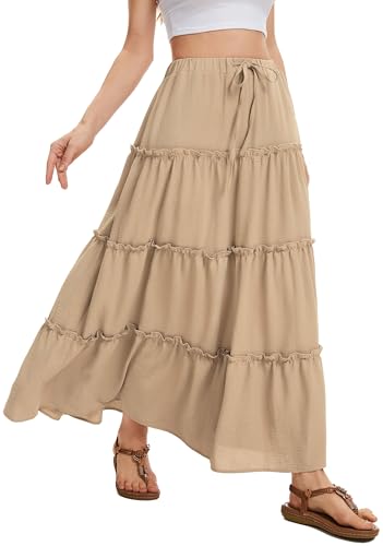 WUWUSKY Rock Damen Sommer Maxi Rock Elegant Lang Hohe Taille Sommerrock Casual A-Line Freizeitrock mit 2 Taschen,Light Coffee,S von WUWUSKY