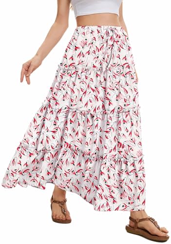 WUWUSKY Rock Damen Sommer Maxi Rock Elegant Lang Hohe Taille Sommerrock Casual A-Line Freizeitrock mit 2 Taschen,Pink Flower,XXL von WUWUSKY