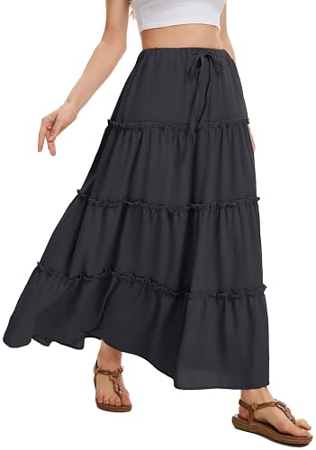 WUWUSKY Rock Damen Sommer Maxi Rock Elegant Lang Hohe Taille Sommerrock Casual A-Line Freizeitrock mit 2 Taschen,Schwarz,S von WUWUSKY
