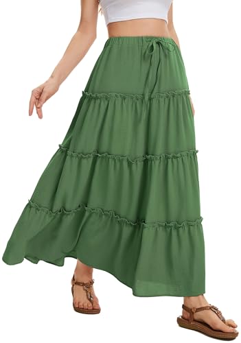WUWUSKY Rock Damen Sommer Maxi Rock Elegant Lang Hohe Taille Sommerrock Casual A-Line Freizeitrock mit 2 Taschen,Army Green,L von WUWUSKY