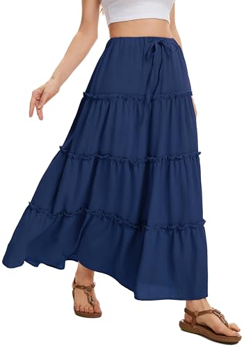 WUWUSKY Rock Damen Sommer Maxi Rock Elegant Lang Hohe Taille Sommerrock Casual A-Line Freizeitrock mit 2 Taschen,Dark Blue,XL von WUWUSKY
