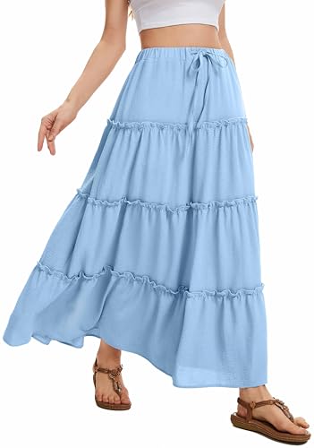 WUWUSKY Rock Damen Sommer Maxi Rock Elegant Lang Hohe Taille Sommerrock Casual A-Line Freizeitrock mit 2 Taschen,Light Blue,L von WUWUSKY