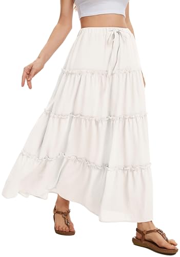 WUWUSKY Rock Damen Sommer Maxi Rock Elegant Lang Hohe Taille Sommerrock Casual A-Line Freizeitrock mit 2 Taschen,Weiß,L von WUWUSKY