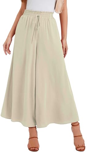 WUWUSKY Sommerhose Damen Leicht Lässige Palazzo Hose Elegant High Waist Baggy Freizeithose mit 2 Taschen,Aprikose,L von WUWUSKY