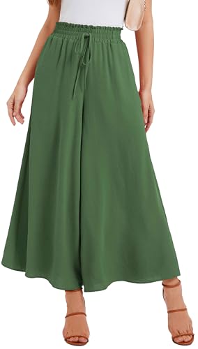 WUWUSKY Sommerhose Damen Leicht Lässige Palazzo Hose Elegant High Waist Baggy Freizeithose mit 2 Taschen,Army Green,L von WUWUSKY