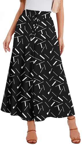 WUWUSKY Sommerhose Damen Leicht Lässige Palazzo Hose Elegant High Waist Baggy Freizeithose mit 2 Taschen,Black/White Line,XXL von WUWUSKY