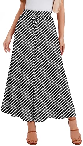 WUWUSKY Sommerhose Damen Leicht Lässige Palazzo Hose Elegant High Waist Baggy Freizeithose mit 2 Taschen,Black/diagonal Line,M von WUWUSKY