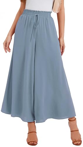 WUWUSKY Sommerhose Damen Leicht Lässige Palazzo Hose Elegant High Waist Baggy Freizeithose mit 2 Taschen,Blau Grau,M von WUWUSKY