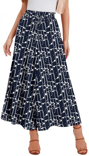 WUWUSKY Sommerhose Damen Leicht Lässige Palazzo Hose Elegant High Waist Baggy Freizeithose mit 2 Taschen,Blue/Square Shape,XL von WUWUSKY