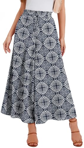 WUWUSKY Sommerhose Damen Leicht Lässige Palazzo Hose Elegant High Waist Baggy Freizeithose mit 2 Taschen,Blue/Symmetrical,XL von WUWUSKY