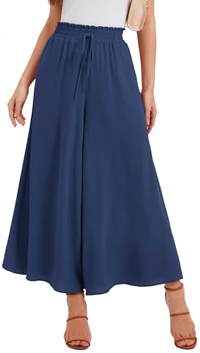 WUWUSKY Sommerhose Damen Leicht Lässige Palazzo Hose Elegant High Waist Baggy Freizeithose mit 2 Taschen,Dark Blue,M von WUWUSKY