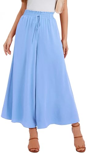 WUWUSKY Sommerhose Damen Leicht Lässige Palazzo Hose Elegant High Waist Baggy Freizeithose mit 2 Taschen,Hellblau,M von WUWUSKY