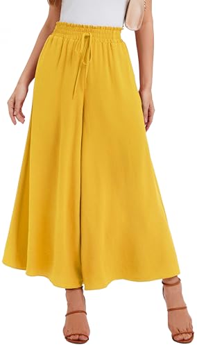 WUWUSKY Sommerhose Damen Leicht Lässige Palazzo Hose Elegant High Waist Baggy Freizeithose mit 2 Taschen,Hellgelb,XXL von WUWUSKY