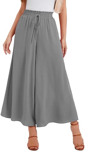 WUWUSKY Sommerhose Damen Leicht Lässige Palazzo Hose Elegant High Waist Baggy Freizeithose mit 2 Taschen,Hellgrau,S von WUWUSKY