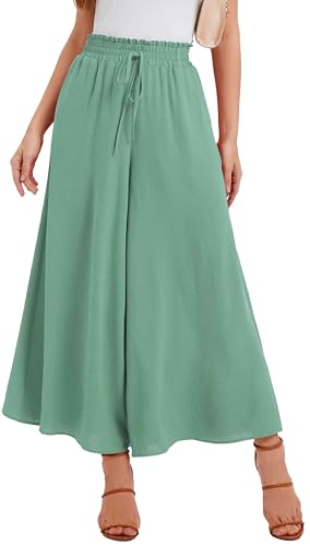 WUWUSKY Sommerhose Damen Leicht Lässige Palazzo Hose Elegant High Waist Baggy Freizeithose mit 2 Taschen,Hellgrün,S von WUWUSKY