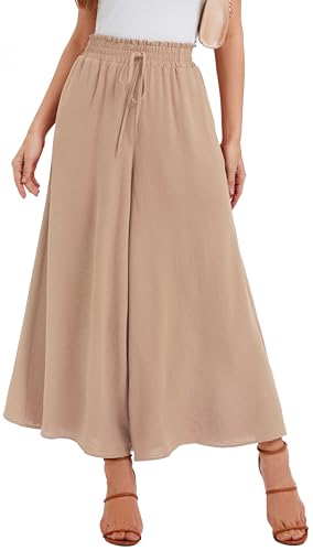 WUWUSKY Sommerhose Damen Leicht Lässige Palazzo Hose Elegant High Waist Baggy Freizeithose mit 2 Taschen,Khaki,L von WUWUSKY