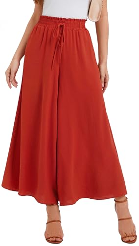 WUWUSKY Sommerhose Damen Leicht Lässige Palazzo Hose Elegant High Waist Baggy Freizeithose mit 2 Taschen,Rot Braun,M von WUWUSKY