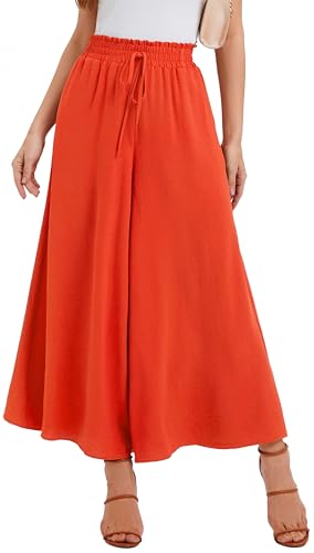WUWUSKY Sommerhose Damen Leicht Lässige Palazzo Hose Elegant High Waist Baggy Freizeithose mit 2 Taschen,Rot Orange,XL von WUWUSKY
