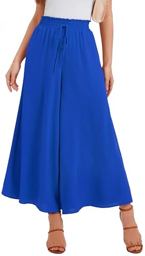 WUWUSKY Sommerhose Damen Leicht Lässige Palazzo Hose Elegant High Waist Baggy Freizeithose mit 2 Taschen,Royal Blue,L von WUWUSKY