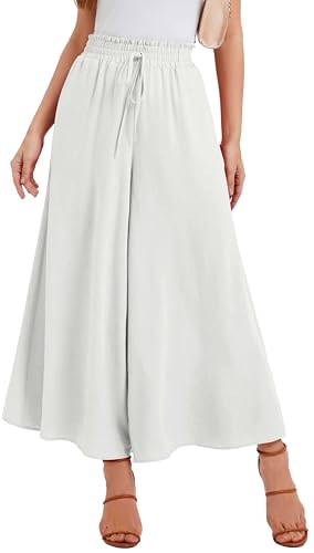 WUWUSKY Sommerhose Damen Leicht Lässige Palazzo Hose Elegant High Waist Baggy Freizeithose mit 2 Taschen,Weiß,3XL von WUWUSKY