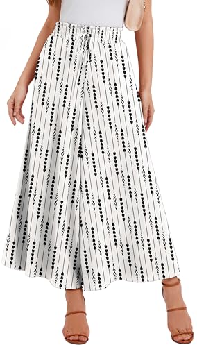 WUWUSKY Sommerhose Damen Leicht Lässige Palazzo Hose Elegant High Waist Baggy Freizeithose mit 2 Taschen,White/Cupid,XXL von WUWUSKY
