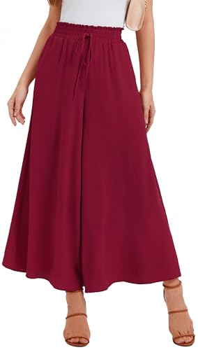 WUWUSKY Sommerhose Damen Leicht Lässige Palazzo Hose Elegant High Waist Baggy Freizeithose mit 2 Taschen,Wine Red,XL von WUWUSKY