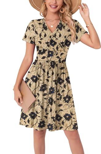WUWUSKY Sommerkleid Damen Elegant Blumenkleid Kurzarm V-Ausschnitt Midikleid A Linie Casual Strandkleid Leichte Knielang Tunika Kleider mit Taschen,Aprikose-Schwarze Blüte,L von WUWUSKY