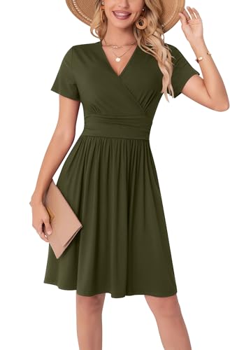WUWUSKY Sommerkleid Damen Kurzarm V-Ausschnitt Freizeit Kleider A Linie Leicht Casual Dress mit Taschen Plissee Loose Swing Freizeitkleid,Armeegrün,XL von WUWUSKY