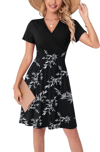 WUWUSKY Sommerkleid Damen Kurzarm V-Ausschnitt Freizeit Kleider A Linie Leicht Casual Dress mit Taschen Plissee Loose Swing Freizeitkleid,Schwarzes Bambusblatt,M von WUWUSKY