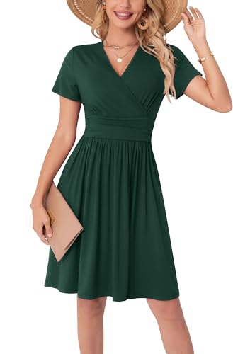 WUWUSKY Sommerkleid Damen Kurzarm V-Ausschnitt Freizeit Kleider A Linie Leicht Casual Dress mit Taschen Strandkleid Rüschen Midikleid Einfarbig A-Linie Kleider,Dunkelgrün,M von WUWUSKY