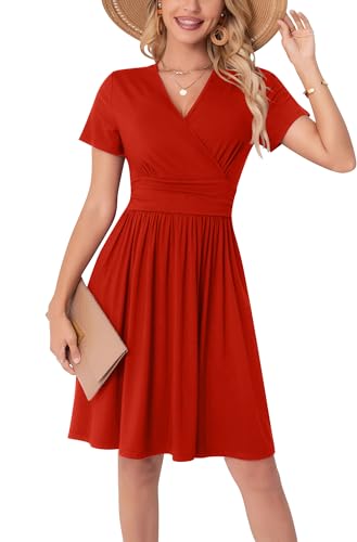 WUWUSKY Sommerkleid Damen Kurzarm V-Ausschnitt Freizeit Kleider A Linie Leicht Casual Dress mit Taschen Strandkleid Rüschen Midikleid Einfarbig A-Linie Kleider,Rot Orange,XXL von WUWUSKY