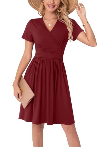 WUWUSKY Sommerkleid Damen Kurzarm V-Ausschnitt Freizeit Kleider A Linie Leicht Casual Dress mit Taschen Strandkleid Rüschen Midikleid Einfarbig A-Linie Kleider,Rotwein,S von WUWUSKY