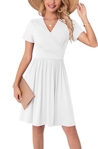 WUWUSKY Sommerkleid Damen Kurzarm V-Ausschnitt Freizeit Kleider A Linie Leicht Casual Dress mit Taschen Strandkleid Rüschen Midikleid Einfarbig A-Linie Kleider,Weiß,M von WUWUSKY