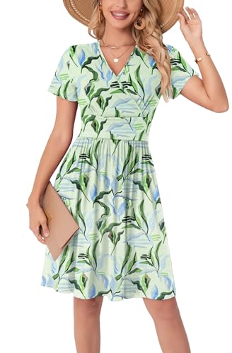 WUWUSKY Sommerkleid Damen Kurzarm V-Ausschnitt Freizeit Kleider A Linie Leicht Casual Dress mit Taschen Strandkleid Rüschen Midikleid Einfarbig A-Linie Kleider,Weiße Blumen/grün,XXL von WUWUSKY