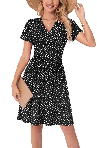 WUWUSKY Sommerkleid Damen Kurzarm V-Ausschnitt Freizeit Kleider A Linie Leicht Casual Dress mit Taschen Strandkleid Rüschen Midikleid Einfarbig A-Linie Kleider,Weiße Flecken/schwarz,XL von WUWUSKY