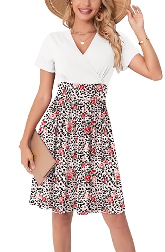 WUWUSKY Sommerkleid Damen Kurzarm V-Ausschnitt Freizeit Kleider A Linie Leicht Casual Dress mit Taschen Strandkleid Rüschen Midikleid Einfarbig A-Linie Kleider,Pink Leopard Druck,M von WUWUSKY