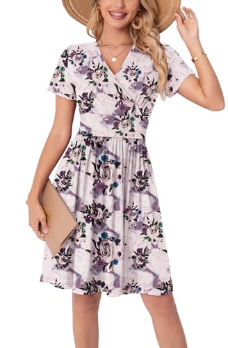 WUWUSKY Sommerkleid Damen Kurzarm V-Ausschnitt Freizeit Kleider A Linie Leicht Casual Dress mit Taschen Strandkleid Rüschen Midikleid Einfarbig A-Linie Kleider,Rosa/weiß,L von WUWUSKY