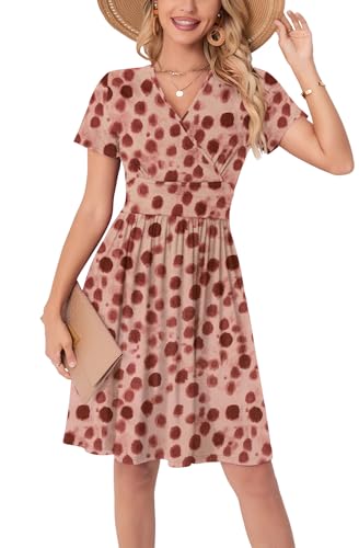 WUWUSKY Sommerkleid Damen Kurzarm V-Ausschnitt Freizeit Kleider A Linie Leicht Casual Dress mit Taschen Strandkleid Rüschen Midikleid Einfarbig A-Linie Kleider,Roter Wellenpunkt,L von WUWUSKY