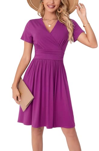 WUWUSKY Sommerkleid Damen Kurzarm V-Ausschnitt Freizeit Kleider A Linie Leicht Casual Dress mit Taschen Strandkleid Rüschen Midikleid Einfarbig A-Linie Kleider,Trauben Lila,M von WUWUSKY